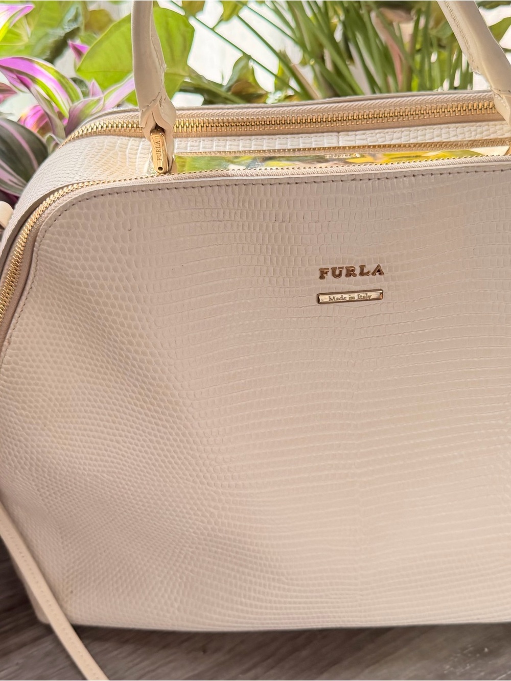Furla Cream Purse Snakeskin Embossed Leather Satchel with Gold Hardware